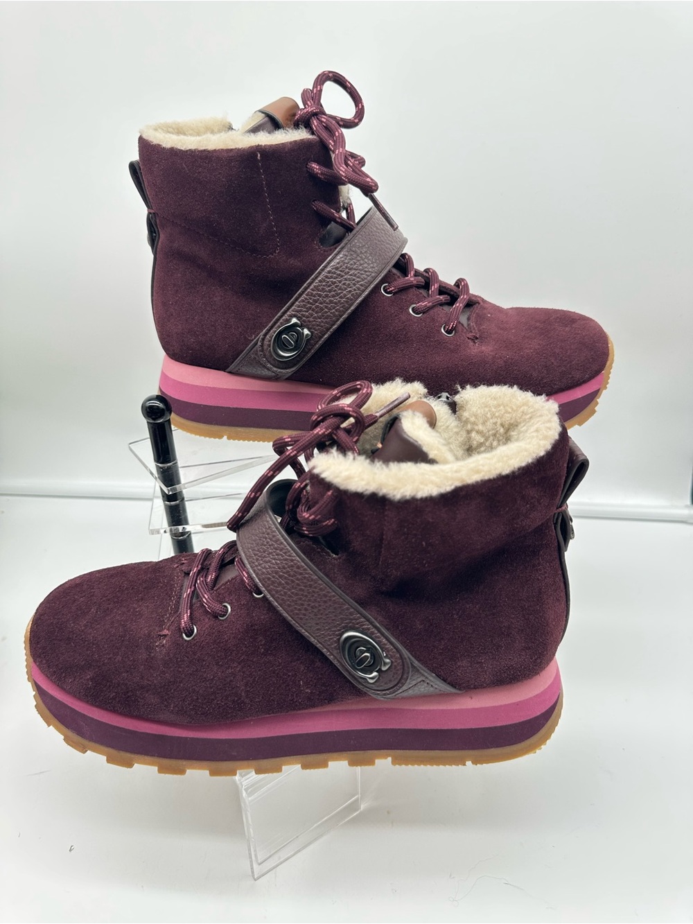 Coach City Hiker Leather Plush Lined Zip Sneaker Boots Oxblood Purple Burgundy